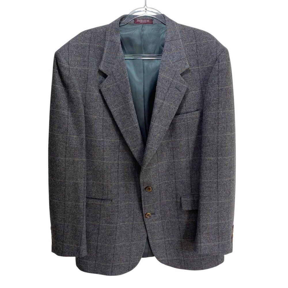Evan Picone 100% Wool Sport Coat Men 44 LG Gray Plaid Herringbone 2 Button‎ USA